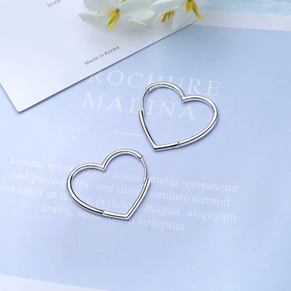 925 Silver Love Heart Hoop Earrings - Picture 8 of 12